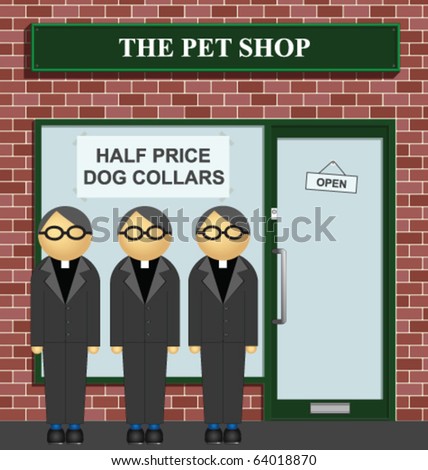 Clergy queuing for half price dog collars at the pet shop
