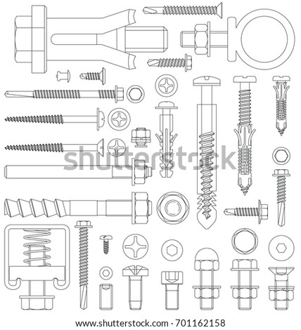 Outline diagram of various fixings including screws bolts nuts washers rivets