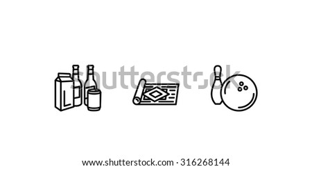 Set of outlined icons. Beer, rug, bowling ball