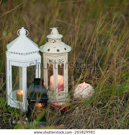 White lanterns in the garden on the grass