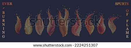 Creative collection of burning flame tongues. Bright shimmering flame. Vector line art design