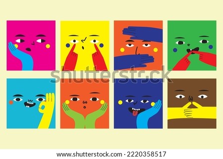 Square abstract comic faces with various emotions and gestures. Characters of different colors. cartoon style. flat design. Hand drawn stylish vector illustration. each face is isolated