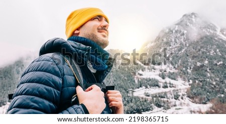 Similar – Image, Stock Photo Hiker walks in winter sunshine through the Heckengäu near Weissach
