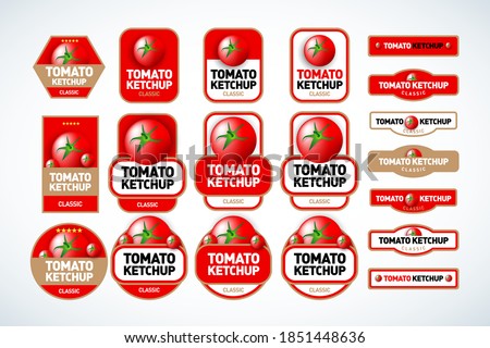 Tomato ketchup, sauce badge label design set. Vector hand drawn illustration of tomatoes in engraving technique. Vintage shield form templates for tomato sauce packaging.