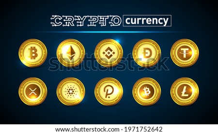 Crypto currency top gold logo coins: Bitcoin, Ethereum, Binance coin, Dogecoin, Tether, XRP, Cardano, Polkadot, Bitcoin cash, Litecoin. 
Vector illustration.