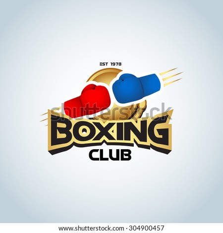 Boxing logo template. Golden color. Two boxing gloves in red and blue colors. Boxing club logotype. Boxing emblem, label, badge, t-shirt design, boxing, fight theme.