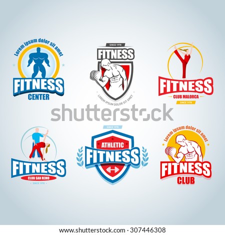 Fitness logo templates set. Gym club logotypes. Sport Fitness club creative concepts. Gym club logotypes. Bodybuilder, Sportsman Fitness Model Illustration, Sign, Symbol, badge.