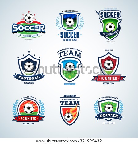 Soccer logo templates set. Football logotypes. Set of soccer football crests and logo template emblem designs, logotypes design concepts of football icons. Collection of Soccer Themed T shirt Graphics