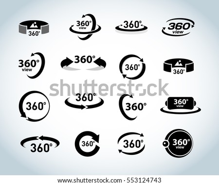 360 Degrees View Vector Icons set. Virtual reality icons. Isolated vector illustrations. Black and white version.