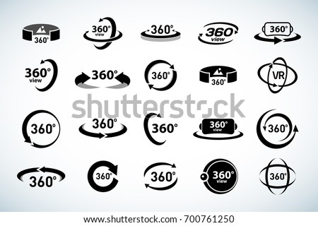 360 Degrees View Vector Icons set. Virtual reality icons. Isolated vector illustrations. Black and white version.