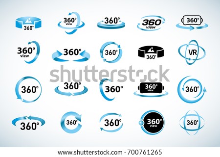 360 Degrees View Vector Icons set. Virtual reality icons. Isolated vector illustrations. Blue Color version.