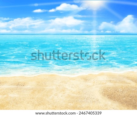 Beautiful summer beach frame illustration of blue sky and sea with clouds, summer sand and sun.