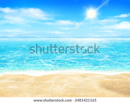 Summer sandy beach - hibiscus-beautiful resort beach frame background illustration of blue sky and sea with sun and clouds.