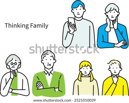 Thinking family - questions - questions - negative facial expression - vector people set icon set illustration