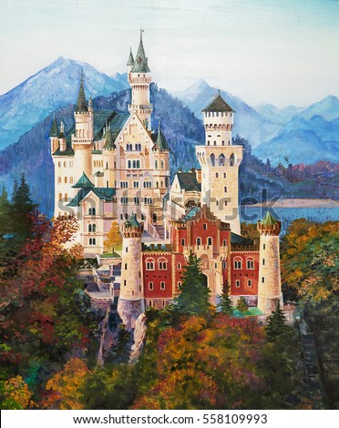 Original oil painting of famous Neuschwanstein castle in Bavaria, Germany.