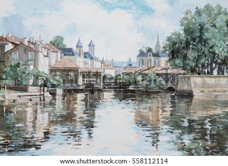 Original painting of European city on the water. Impressionism oil painting urban landscape in cold grey blue colors. 