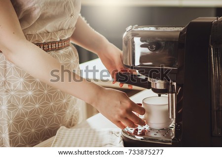 Girl Makes Mug Espresso Coffee Machine Woman Testing Machine Girl Makes Mug Espresso Coffee Machine Woman Testing Machine