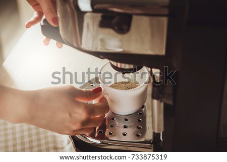 Girl Makes Mug Espresso Coffee Machine Woman Testing Machine Girl Makes Mug Espresso Coffee Machine Woman Testing Machine