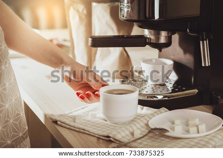 Girl Makes Mug Espresso Coffee Machine Woman Testing Machine Girl Makes Mug Espresso Coffee Machine Woman Testing Machine