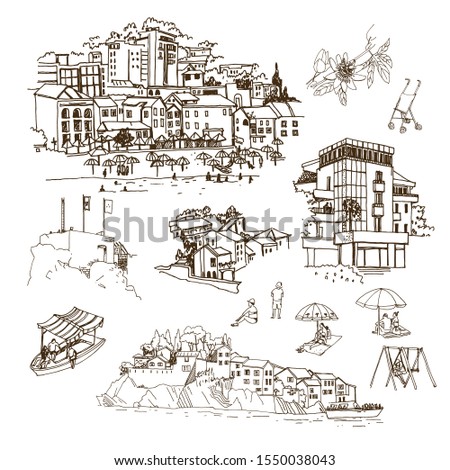 Vector sketches of Montenegro (Petrovac, San Stefan). The architecture of villas and hotels, umbrellas and sun beds, 
boats, people on the beach, flora.
Vacation with children. Hand drawn illustration