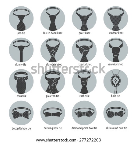 Set of icons with neckties to business meetings and celebrations. Round icons with knotted tie. Bow tie shapes