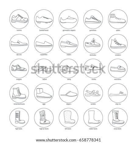 Set of men's footwear icons (boots, slippers, gumshoe, oxford shoes, espadrilles, top-siders, monks, snow boots, sandals, derdy shoes). Round icons in a linear style.