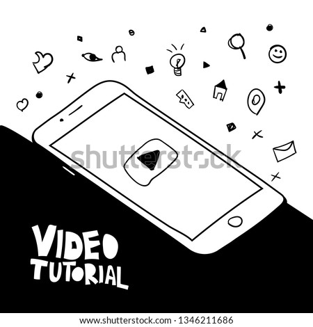 Video tutorial vector hand drawn illustration. Smartphone with play button marker sketch. E-mail, search, like doodle icons. Cartoon lettering. Video streaming, vlog, blog. Black and white drawing