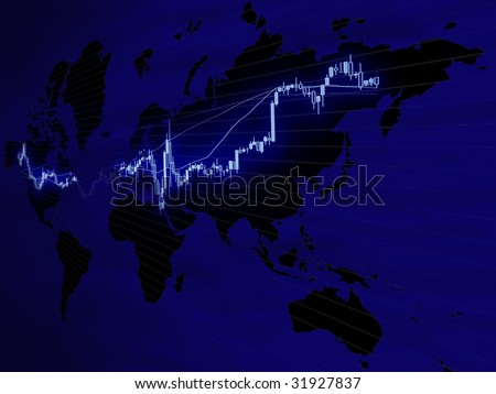 Worldwide business market blue background with world map and foreign exchange candlestick chart
