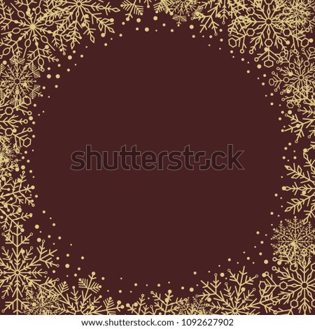 Winter frame with arabesques and snowflakes. Fine greeting card. Pattern with snowflakes
