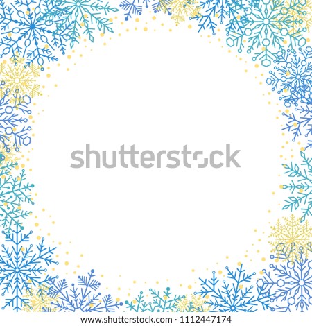 Winter frame with arabesques and snowflakes. Fine greeting card. Pattern with snowflakes