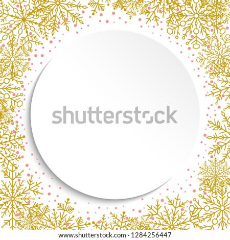 Nice card for holiday with golden arabesques and snowflakes. Fine greeting card. Pattern with snowflakes