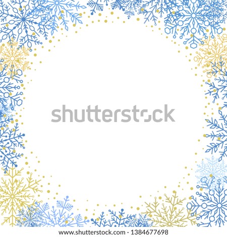 Winter frame with blue and yellow arabesques and snowflakes. Fine greeting card. Pattern with snowflakes