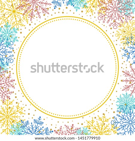 Winter frame with arabesques and snowflakes. Colorful greeting card. Pattern with snowflakes