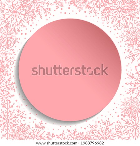 Nice card for holiday with arabesques and snowflakes. Fine greeting card. Pattern with pink snowflakes