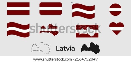 Flag of Latvia. Silhouette of Latvia. National symbol. Square, round and heart shape. The symbol of the Latvia flag.