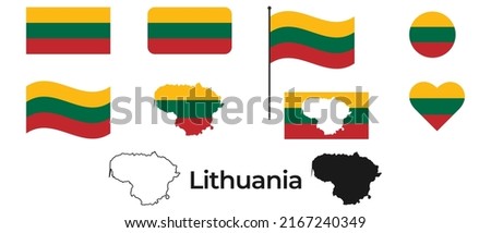 Flag of Lithuania. Silhouette of Lithuania. National symbol. Square, round and heart shape. The symbol of the Lithuania flag.