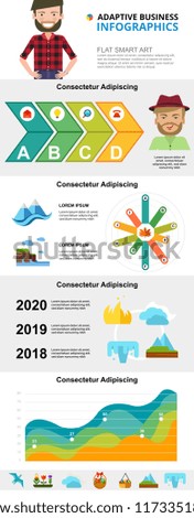 Ecology and research concept infographic charts set. Business process and area charts for presentation slide templates. For corporate report, advertising, leaflet layout and poster design.