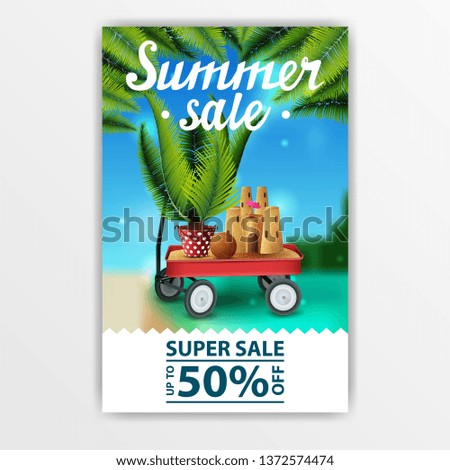 Summer discounts, discount banner with beautiful lettering, seascape, garden cart with sand, sand castle and potted palm