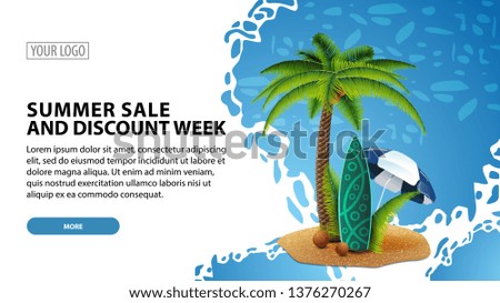 Summer sale and discount week, modern web banner for your website with palm, coconuts, beach umbrella and surf Board