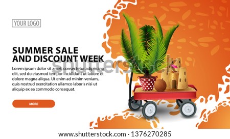 Summer sale and discount week, modern web banner for your website with garden cart with sand, sand castle and potted palm