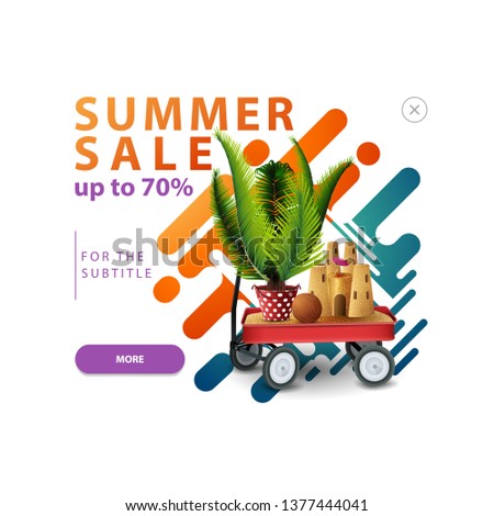Summer sale, pop-up window with a discount banner for your website with garden cart with sand, sand castle and potted palm