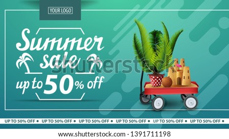 Summer sale, discount horizontal web banner for online store with garden cart with sand, sand castle and potted palm