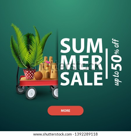 Summer sale, square banner for your website, advertising and promotions with garden cart with sand, sand castle and potted palm