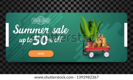 Summer sale, up to 50% off, discount web banner for your website with garden cart with sand, sand castle and potted palm