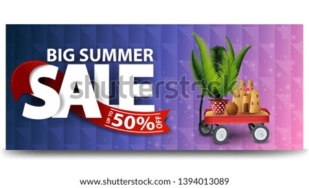 Big summer sale, horizontal discount web banner for your website with garden cart with sand, sand castle and potted palm