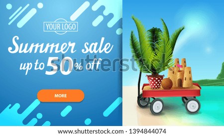 Summer sale, discount web banner for your website with beautiful seascape, modern design, garden cart with sand, sand castle and potted palm