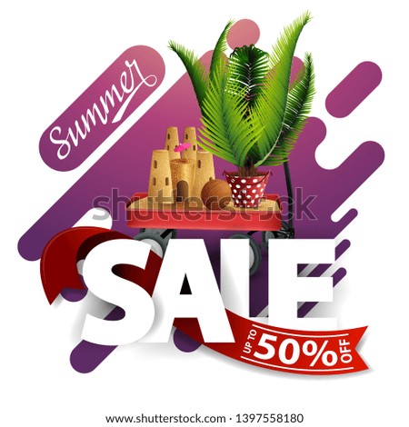 Summer sale, modern discount banner for your business with garden cart with sand, sand castle and potted palm