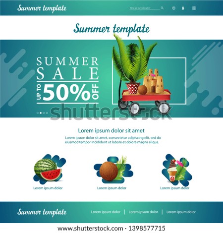 Green website interface template for summer discounts and sales with garden cart with sand, sand castle and potted palm