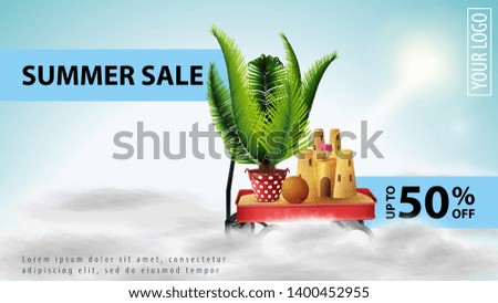 Summer sale, light discount web banner for your website with garden cart with sand, sand castle and potted palm