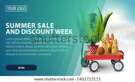 Summer sale and discount week, creative green discount web banner for your arts with garden cart with sand, sand castle and potted palm